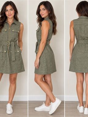 Sharagano Sleeveless Belted Utility Dress - Olive